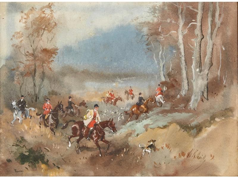 REILLE (Baron K.) : Chasse à cour. Aquarelle...