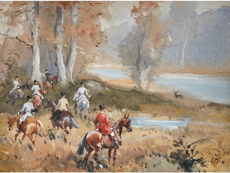 REILLE (Baron K.) : L'Approche du cerf. Aquarelle...