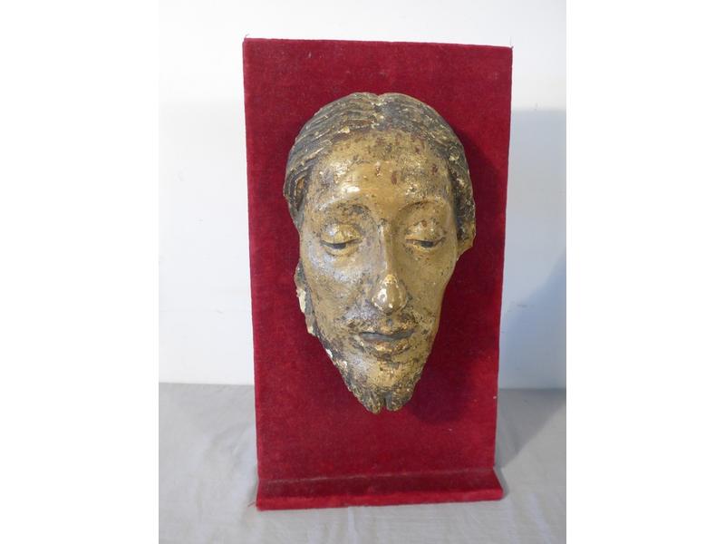 MASQUE DE CHRIST mort en platre patiné, sur...