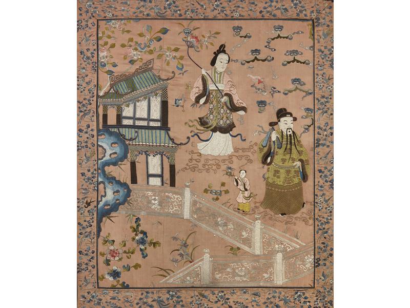 TOILE en soie et lin brodés polychromes représentant...