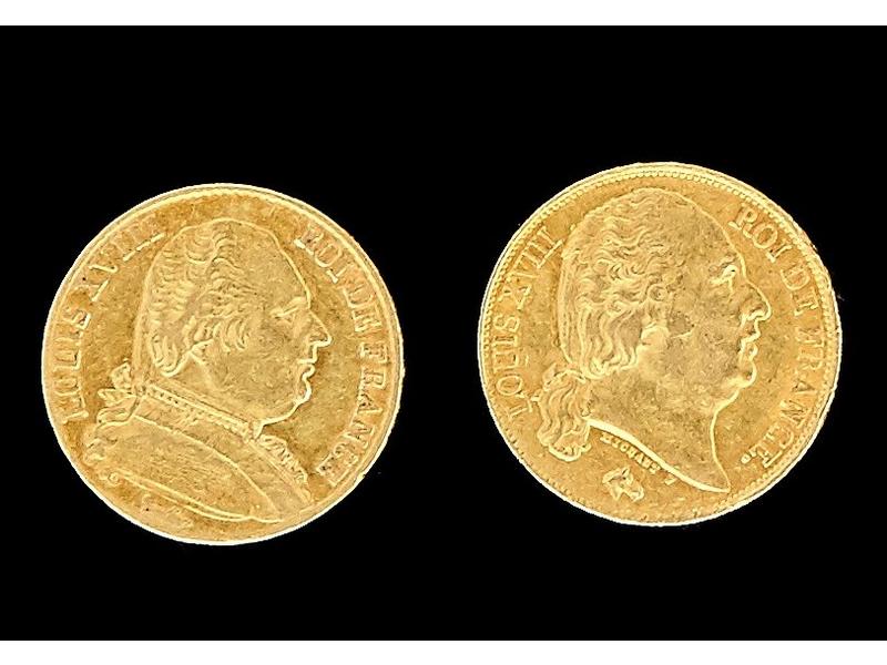 FRANCE - 2 pièces de 20 frs or Louis XVIII...