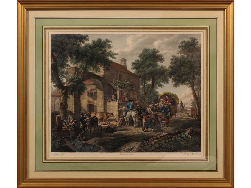 * TROIS GRAVURES réhaussées en couleurs,...