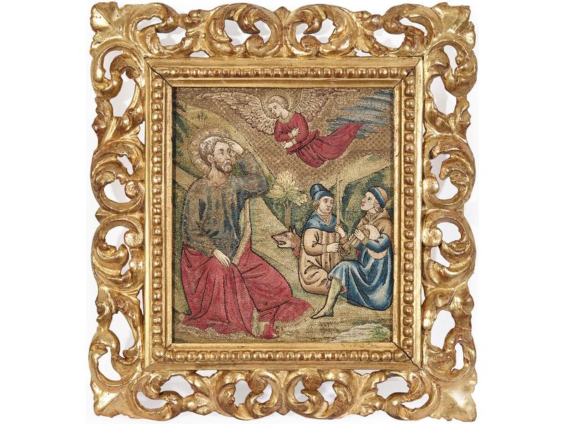 FRAGMENT DE TAPISSERIE BRODEE de fils dorés,...