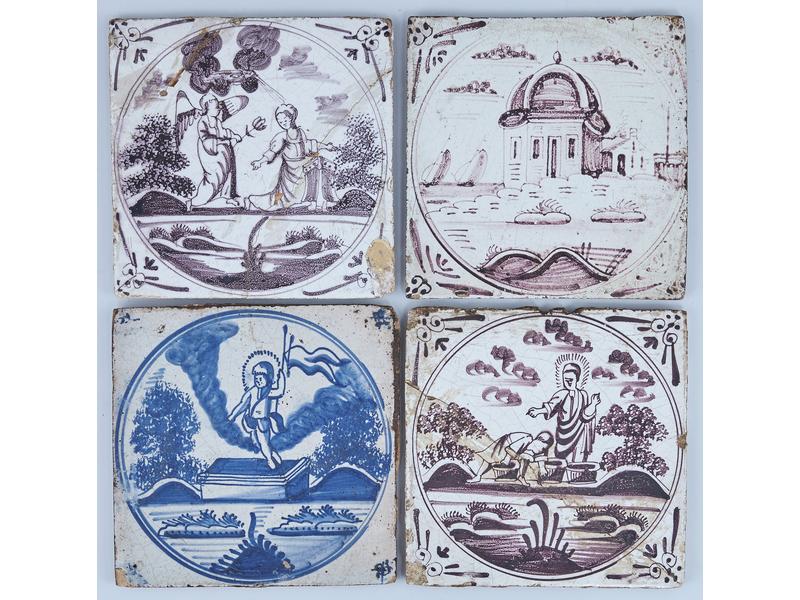 QUATRE CARREAUX en faïence, trois en manganèse,...