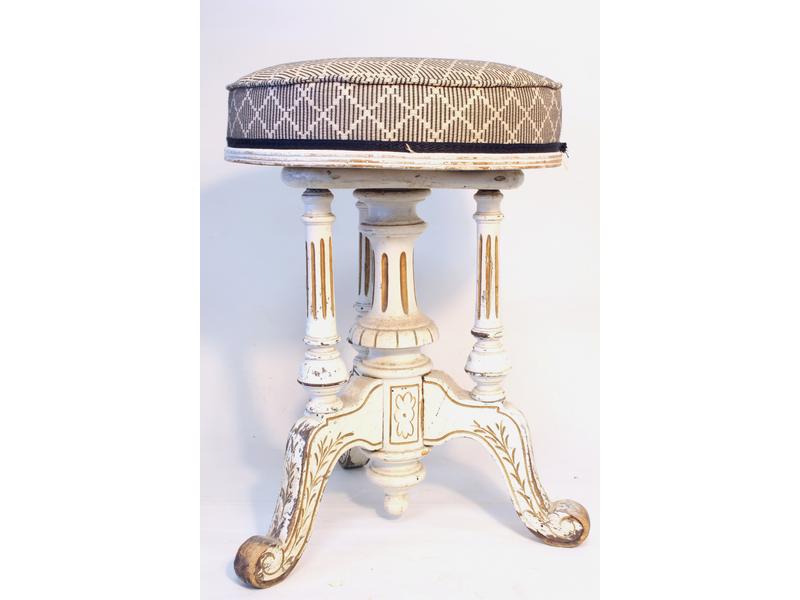 TABOURET DE PIANO rond en bois relaqué crème...
