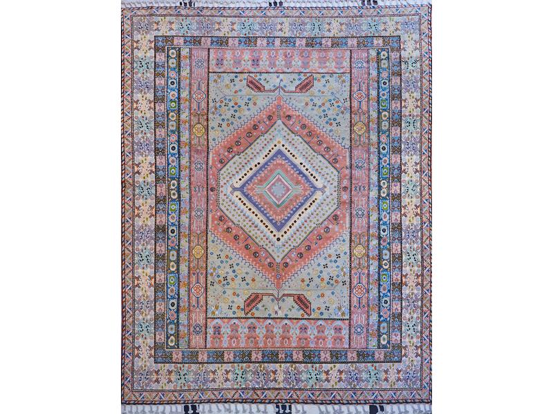TAPIS rectangulaire en laine rose et vert...
