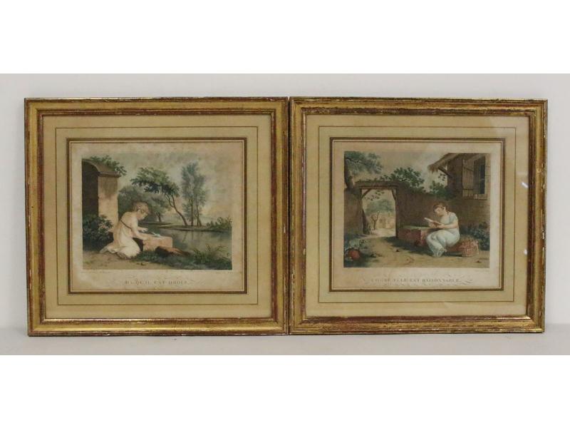 DEUX GRAVURES en couleurs formant pendants,...