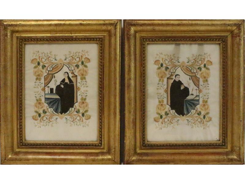 DEUX AQUARELLES sur parchemin (?) brodé représentant...