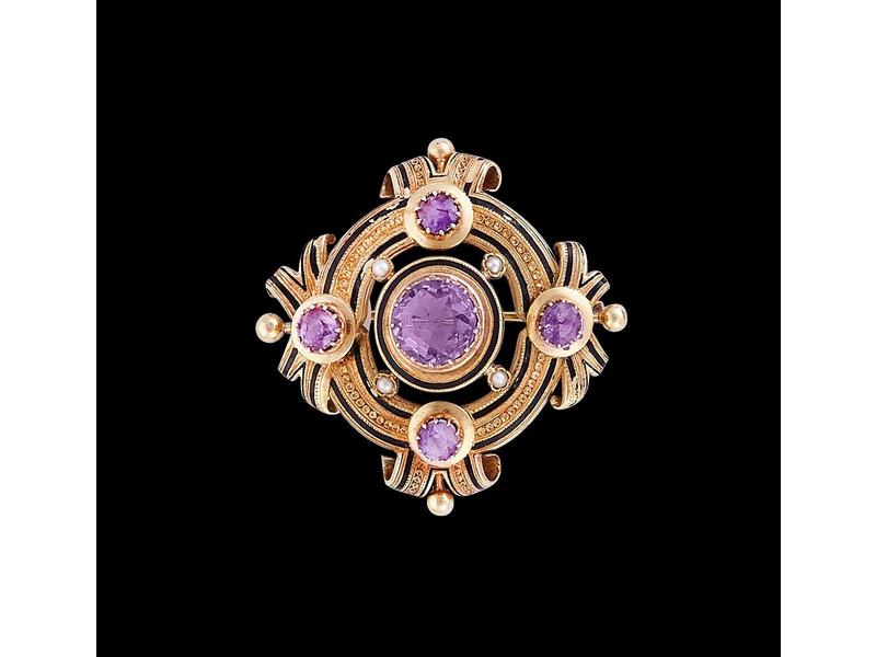 BROCHE ronde en or jaune (18K) ornée de cinq...