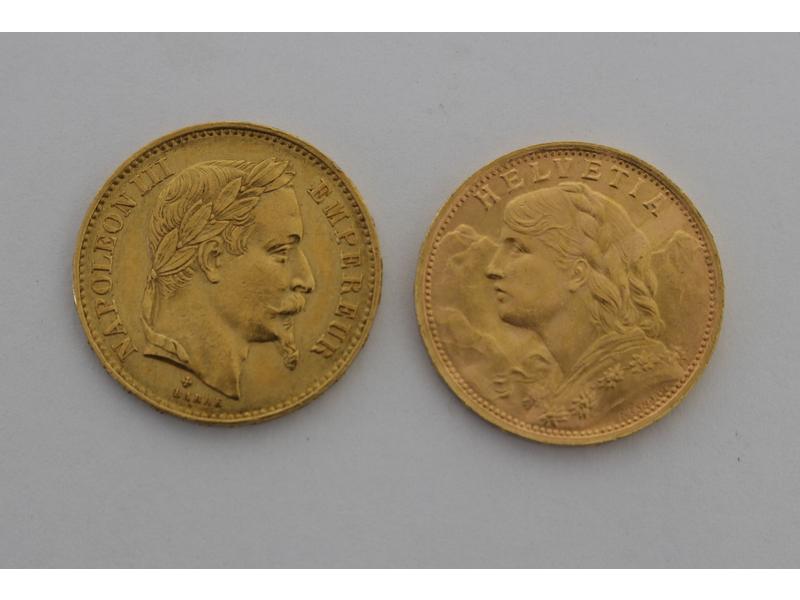 2 x 20 Fr or, Napoleon III 1869 BB et Suisse...