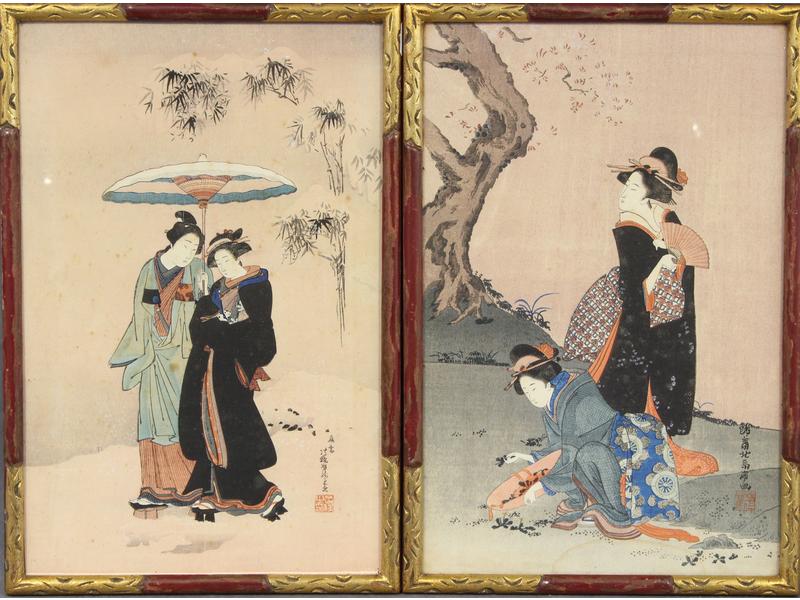 PAIRE D'ESTAMPES JAPONAISES en couleurs représentant...