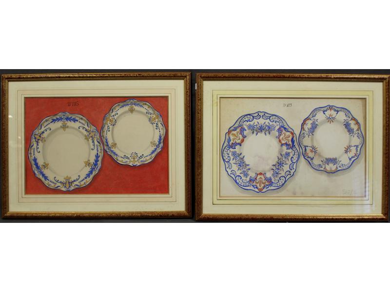 DEUX PROJETS de décors de faïences aquarellés...