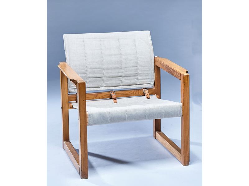 FAUTEUIL en pin à assise en tissu, retenue...