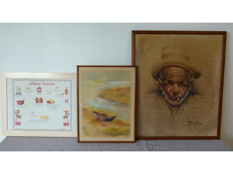 TROIS PIECES ENCADREES, "Le Vieillard" Huile...