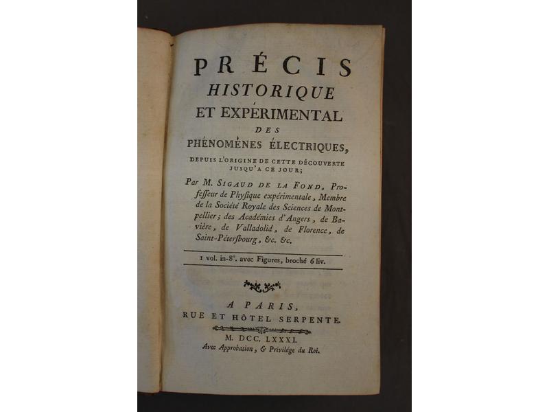 SIGAUD DE LA FOND, Précis historique et expérimental...