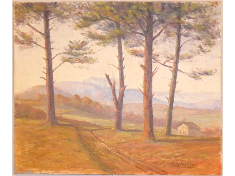 H. de Nantois, Sous-bois avec Montagne, huile...