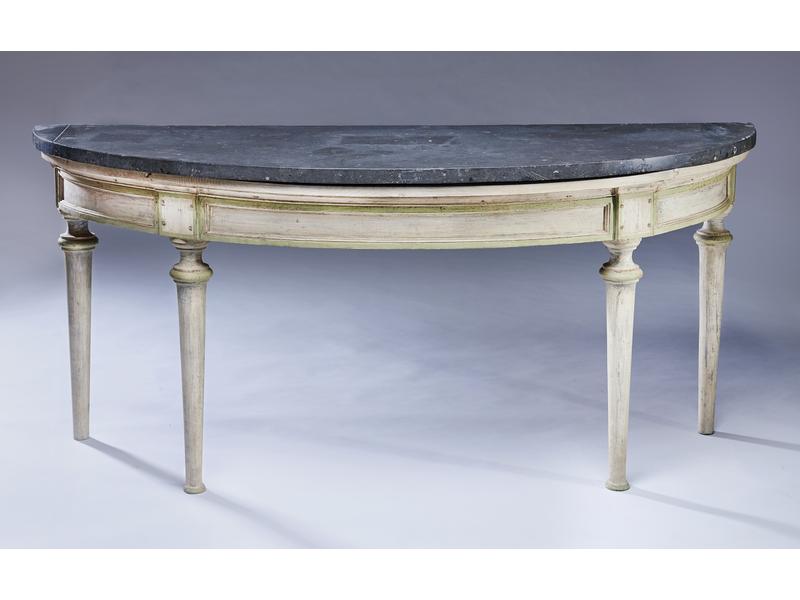CONSOLE DEMI-LUNE en bois laqué blanc rechampi...