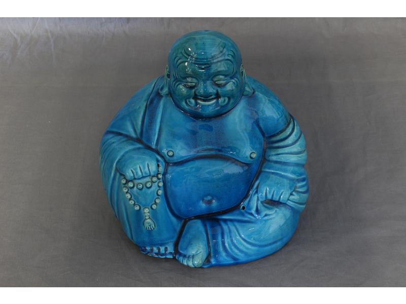 BOUDDHA assis en porcelaine émaillée bleu...