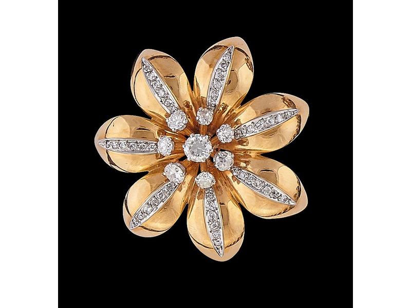 BROCHE FLEUR en or jaune (18K) sertie d'un...