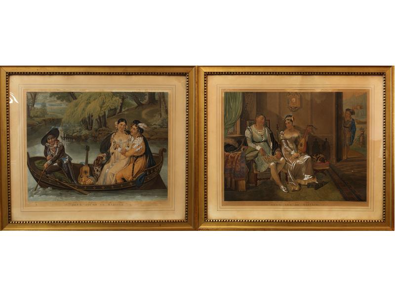 PAIRE DE LITHOGRAPHIES EN COULEURS réhaussées...