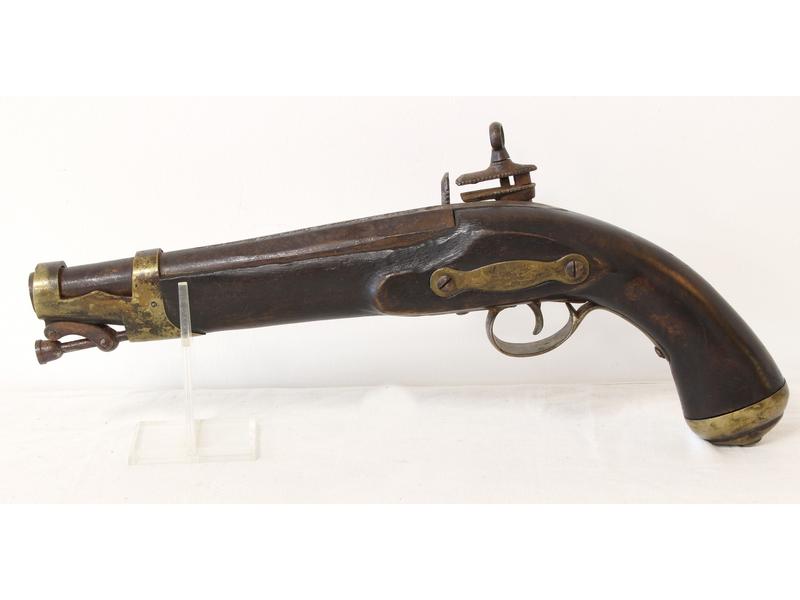 PISTOLET D'ARÇON à silex. Canon rond à pans...