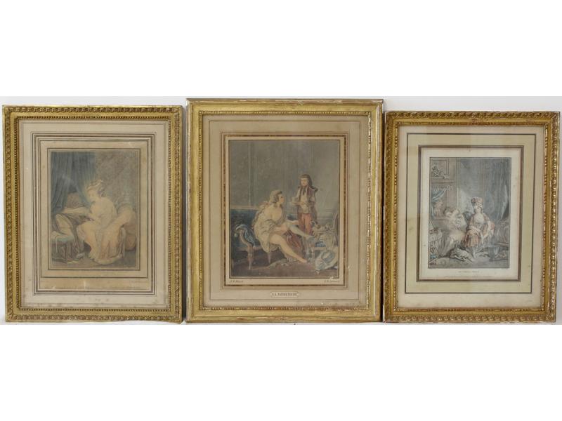 TROIS GRAVURES en couleurs, "Les deux amies","...