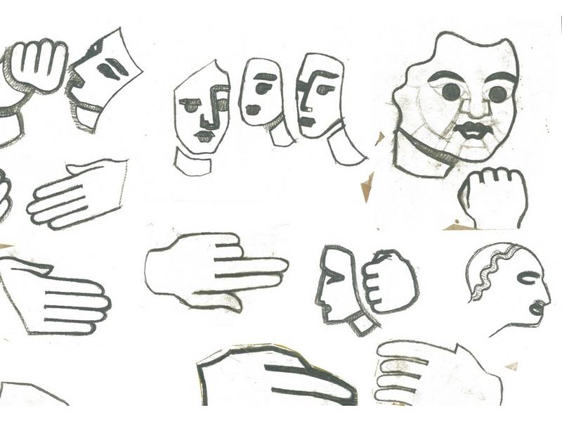 ENSEMBLE D'ETUDES DE FORMES, visages et mains,...
