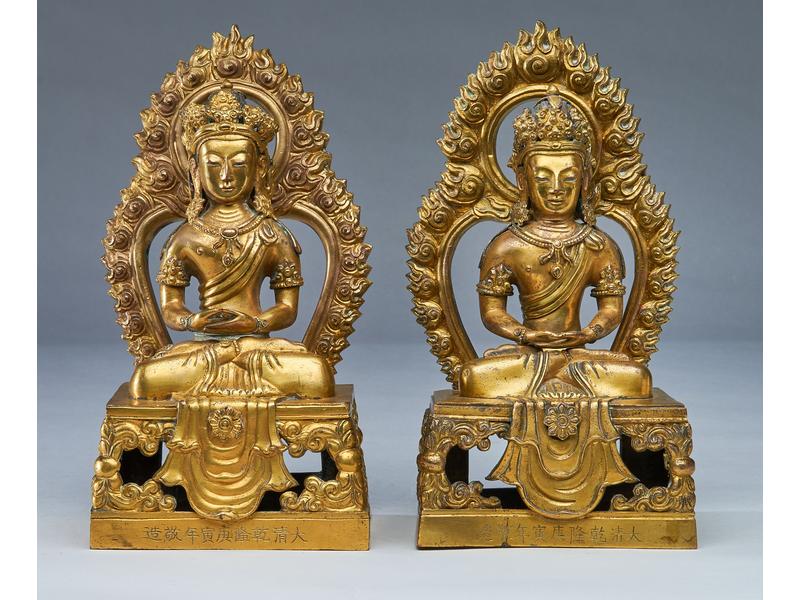 DEUX STATUETTES en bronze doré représentant...