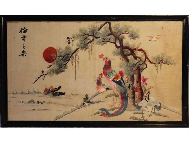 Oiseaux sous un arbre au soleil couchant