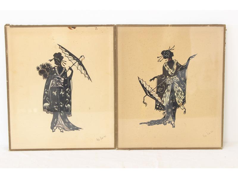 DEUX SILHOUETTES de japonaises à l'ombrelle...