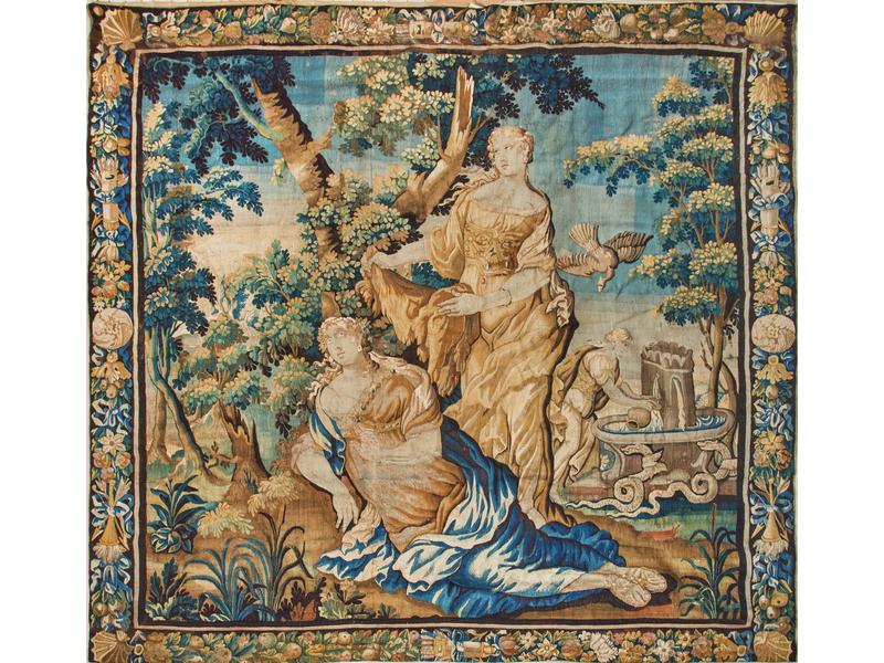 TAPISSERIE en laine à décor d'une femme allongée...