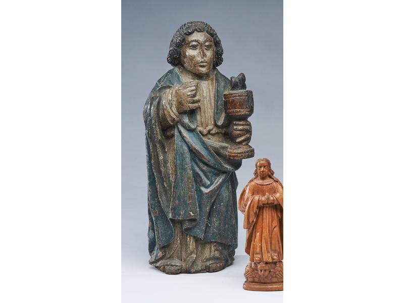SAINT PERSONNAGE en bois sculpté polychrome,...