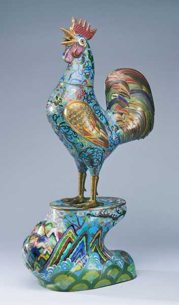 SPECTACULAIRE COQ en bronze et émaux cloisonnés,...
