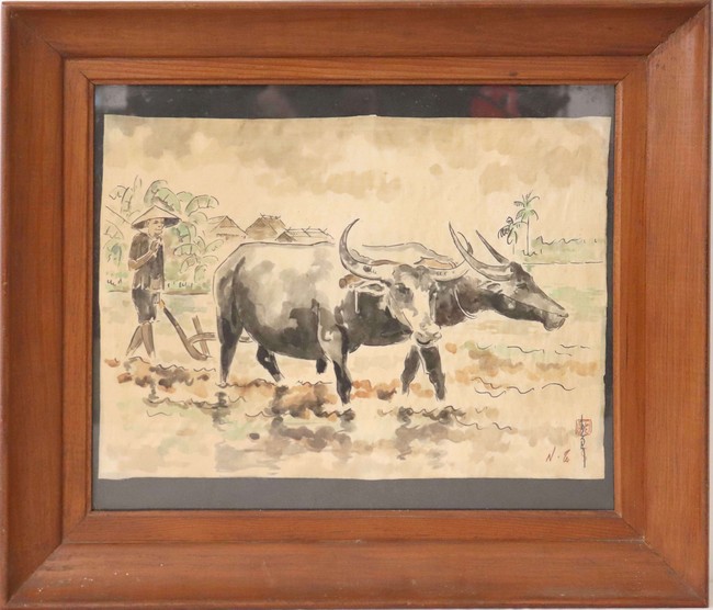 LE FERMIER ET SES BUFFLES, aquarelle sur...