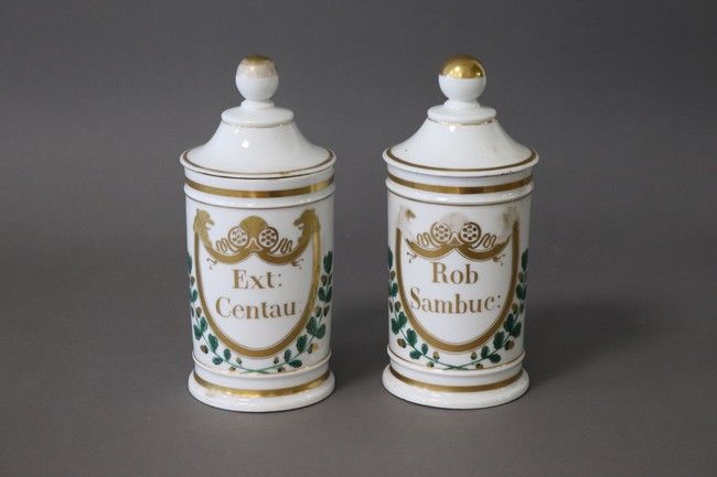 DEUX POTS A PHARMACIE en porcelaine émaillée...