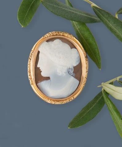 BROCHE CAMÉE sur agate sculptée à profil...