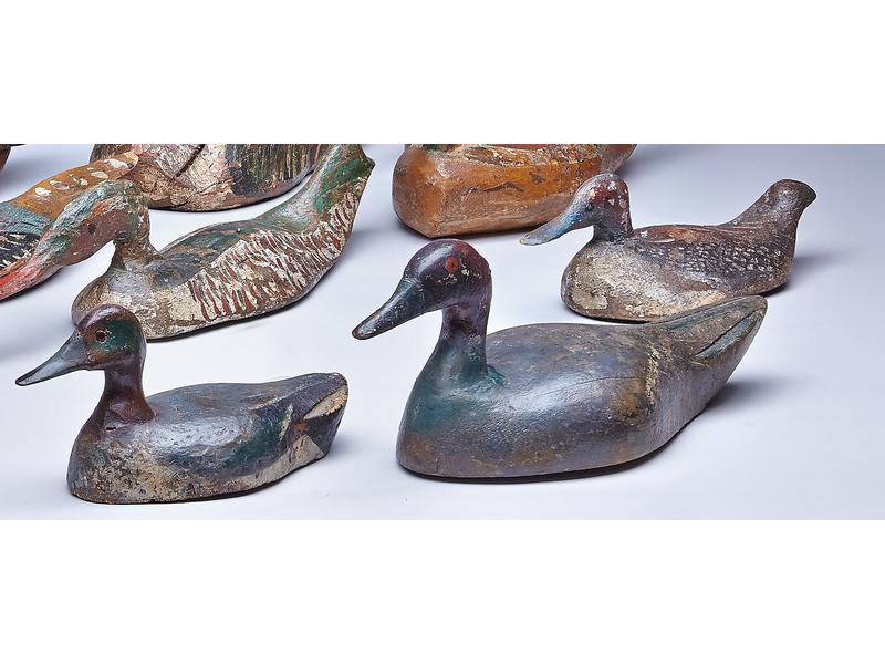 TROIS CANARDS OU APPELANTS en bois polychrome...