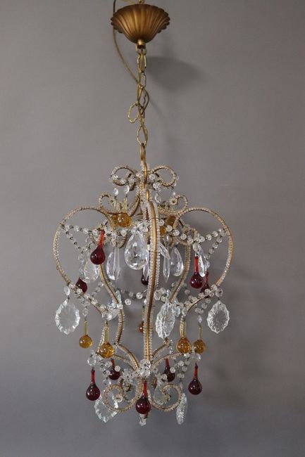 LUSTRE CAGE en bronze et tôle doré orné de...