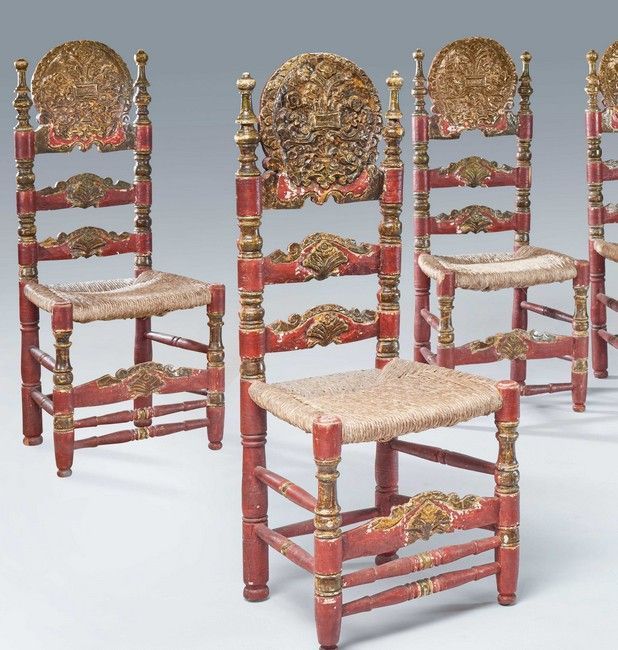 SUITE DE SIX CHAISES à haut dossier à barreaux...