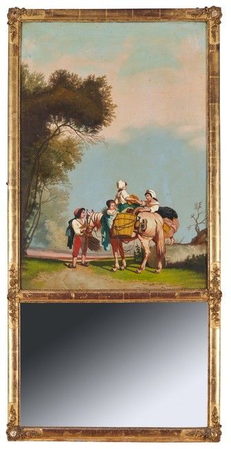TRUMEAU en bois et stuc doré à décor de fleurs,...
