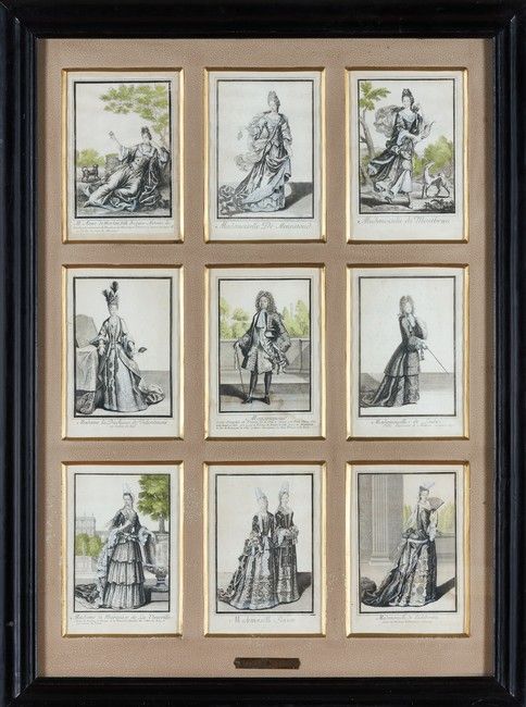 ENSEMBLE DE NEUF GRAVURES réhaussées polychromes,...