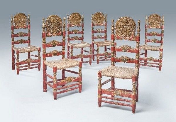 SUITE DE SIX CHAISES à haut dossier à barreaux...