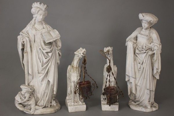 LOT DE DEUX STATUETTES ET DEUX GARGOUILLES...