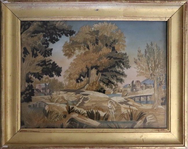 BRODERIE représentant un paysage animé avec...