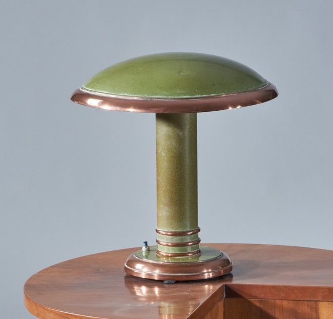 LAMPE CHAMPIGNON en tôle verte et cuivre,...