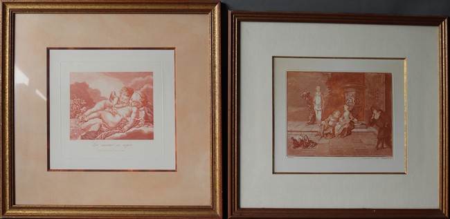 DEUX GRAVURES à la sanguine d'après Watteau...