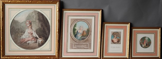 QUATRE ESTAMPES en couleurs à vue ronde ou...