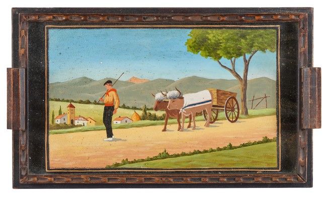PLATEAU rectangulaire en bois à deux anses...