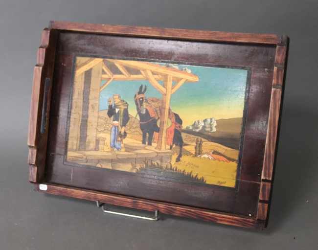 PLATEAU rectangulaire en bois à deux anses...