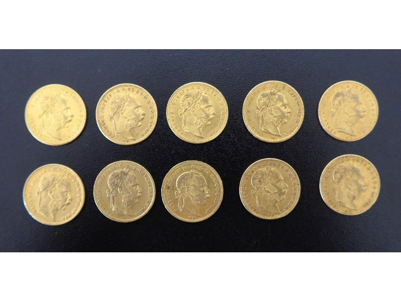 10 pièces de 20 Frs or ou 8 Florins, François-Joseph,...